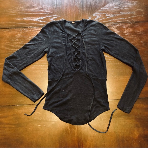 Free People Black Long Sleeve Lace Up Top - Picture 8 of 8
